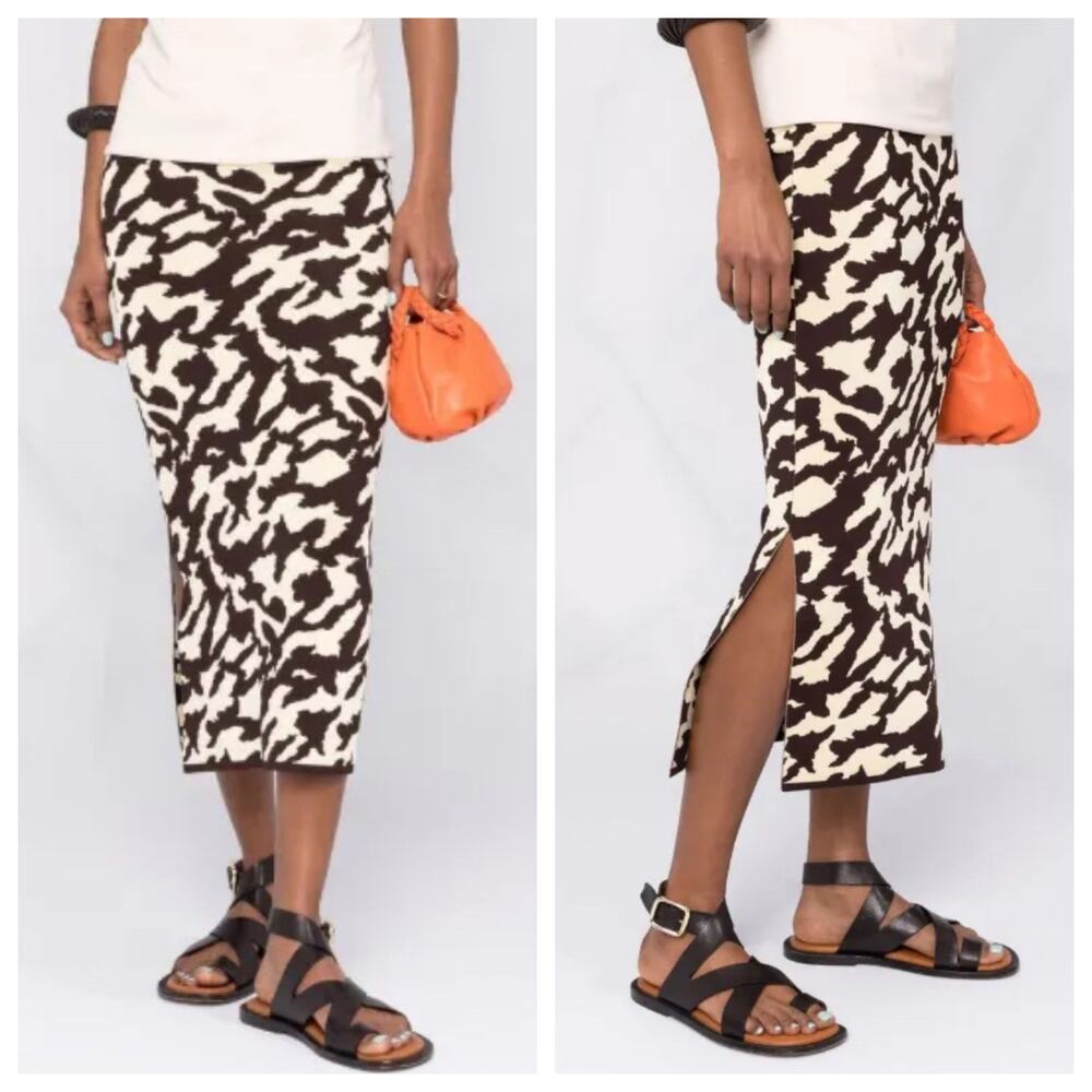 Nanushka Midi Skirt Revolve Brown & Cream Animal Print Wool Stretch